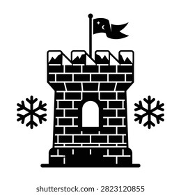 A minimalist black and white icon featuring a stone castle tower topped with a flag, flanked by two symmetric snowflake symbols, perfect for winter themed projects.