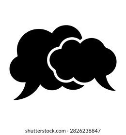 Minimalist black and white icon featuring overlapping speech bubbles symbolizing conversation and dialogue.