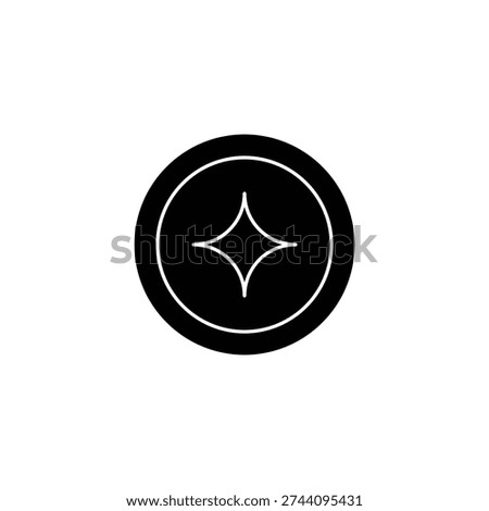 A minimalist black and white icon featuring a four-pointed star or sparkle symbol centered within a circular shape.