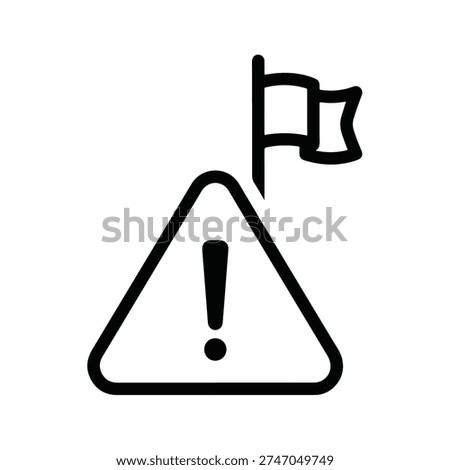 A minimalist black and white icon featuring a triangular warning sign with a bold exclamation mark at its center. To the right of the triangle, a flag is attached to a pole, with the flag depicted as a simple rectangle with a wavy edge, suggesting movement or wind. The overall design conveys a sense of alert, caution, or a notable event.