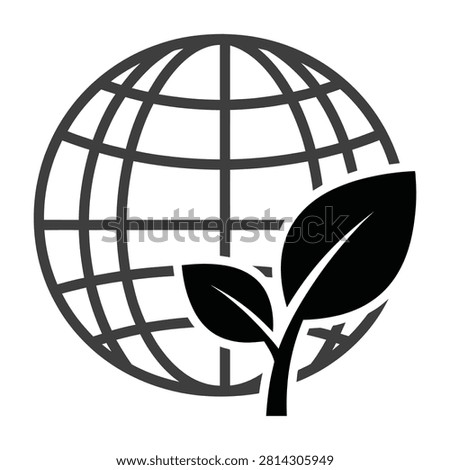 A minimalist black and white icon featuring a global sphere combined with a growing plant leaf, symbolizing environmental protection, sustainability, and nature.