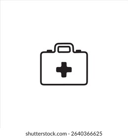 Minimalist black and white icon of a first aid kit with a medical cross symbol in the center. Ideal for use in healthcare apps, emergency service graphics, and medical presentations.