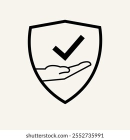 Minimalist black white icon of a hand holding a shield featuring a bold checkmark approve sign. Symbolizes trust, security, reliability, and assurance in a simple, clean design.