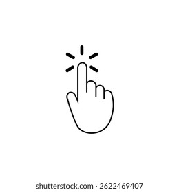 Minimalist black and white icon of a hand clicking or tapping with emphasis lines, symbolizing interaction, touchscreen action, or user interface navigation.