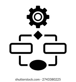 Minimalist black and white icon of a human figure operating a dual screen interface with a gear symbolizing innovation and progress above the head