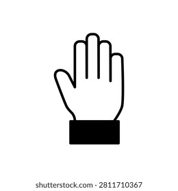 A minimalist black and white icon of a human hand held up in a stopping or greeting gesture.