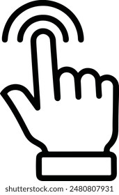 A minimalist black and white icon illustrating the concept of touchscreen interaction through the depiction of an extended finger tapping and generating waves to signify digital responsiveness.