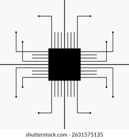 A minimalist black and white icon of a microchip.