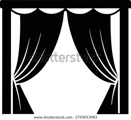 Minimalist black and white icon of open stage curtains, symbolizing a grand reveal or theatrical event.