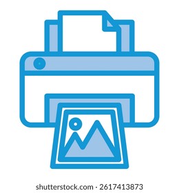 A minimalist black and white icon of a printer displaying a landscape image. Perfect for digital illustration, websites, and print media