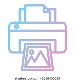 A minimalist black and white icon of a printer displaying a landscape image