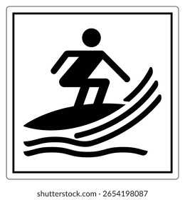 Um ícone preto e branco minimalista que representa um surfista cavalgando ondas, simbolizando a aventura e diversão no oceano, perfeito para projetos com temas de verão.