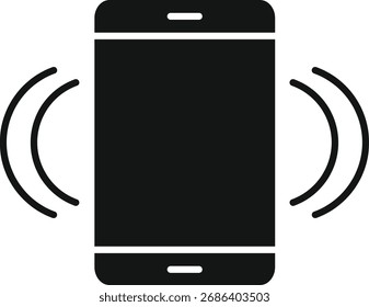 Un icono minimalista en blanco y negro que representa un teléfono inteligente vibrando, lo que indica una llamada o notificación entrante.
