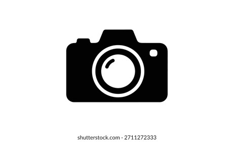 Ícone minimalista em preto e branco representando uma câmera, com lente e flash.