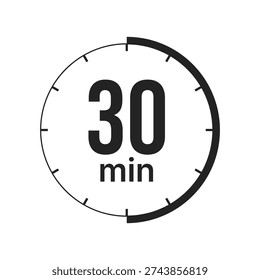 A minimalist black and white icon representing a 30 minute duration or countdown timer. The graphic features a circular clock face with a bold 30 min text in the center, suitable for time management, cooking, or fitness tracking concepts.