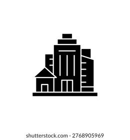 A minimalist black and white icon representing a cluster of buildings, including a tall skyscraper and a smaller adjacent structure.