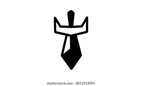 A minimalist black and white icon representing a combination of a sword and a tie, symbolizing power, authority, and formal business.