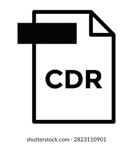 A minimalist black and white icon representing a CDR file format, commonly used for CorelDRAW documents, ideal for software interfaces, file management, and design.