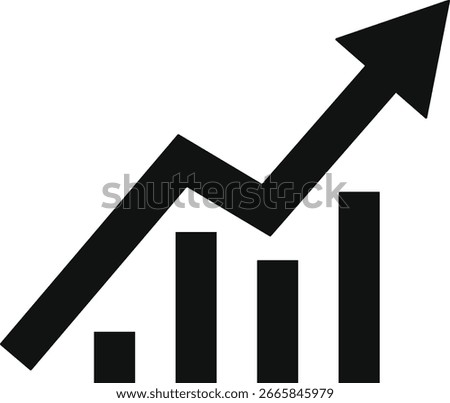 A minimalist black and white icon representing financial growth or progress. Features a bar chart with an upward-sloping arrow indicating an increase.