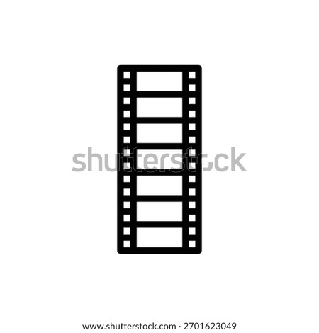 A minimalist black and white icon representing a film strip with perforations on the sides and rectangular frames. Cinema and Movie Line Icon. Isolated Vector Clip Art.