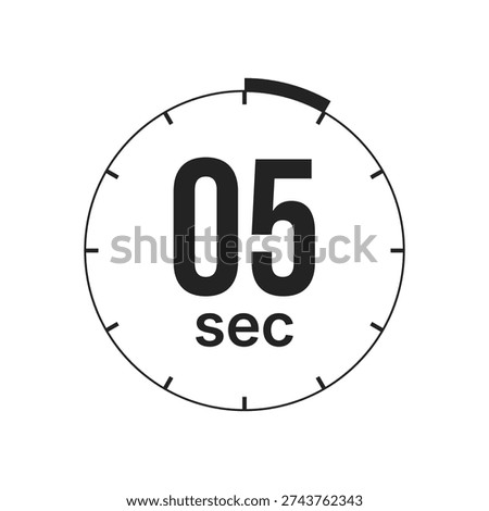 Minimalist black and white icon representing a five second interval or countdown timer with a circular clock face and numeric display.