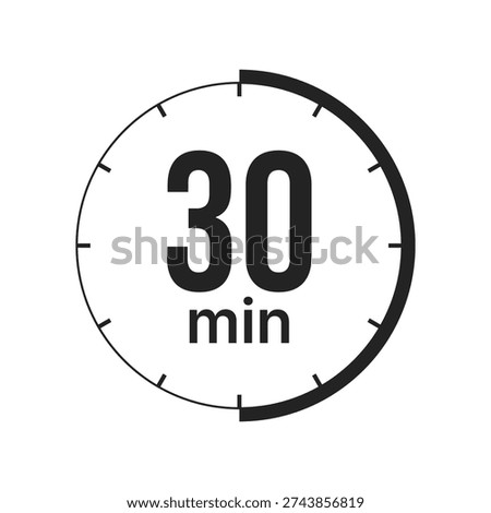 A minimalist black and white icon representing a 30 minute duration or countdown timer. The graphic features a circular clock face with a bold 30 min text in the center, suitable for time management, cooking, or fitness tracking concepts.