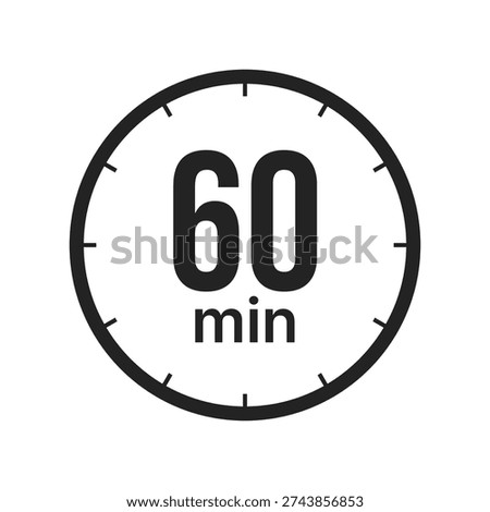 A minimalist black and white icon representing a 60 minute time interval or one hour duration. The design features a circular clock face with tick marks and the text 60 min in the center.