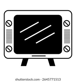 Ícone preto e branco minimalista de uma televisão retrô com botões, alto-falantes e um reflexo de tela, ideal para temas de mídia vintage.