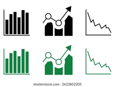 Minimalist black and white icon set with bar chart, combo chart, and downtrend graph—ideal for reports, dashboards, and data tools to clearly convey key metrics and performance trends.
