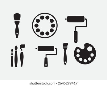 Minimalist black and white icon set of essential art tools for creative professionals