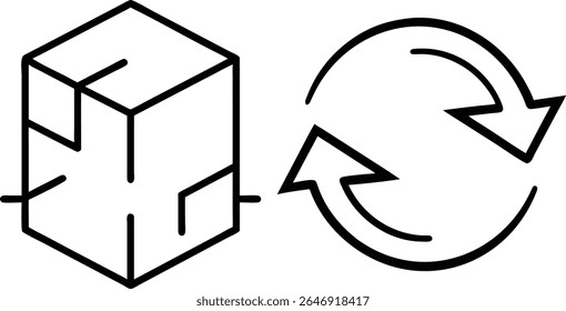 A minimalist black and white icon set featuring a cube outline and a circular arrow refresh symbol, representing concepts like data, technology, and cycles.