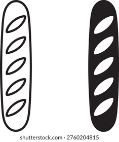 A minimalist black and white icon set featuring two stylized baguette bread loaf illustrations isolated on white background, illustration