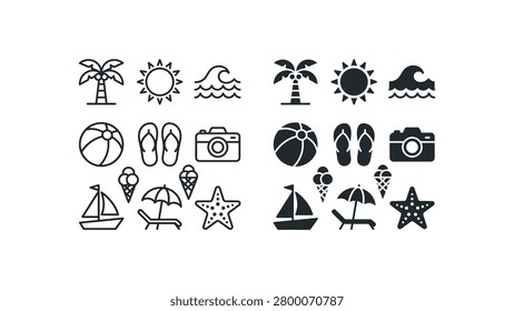 Minimalist black and white icon set representing beach vacation elements like palm trees, sun, waves, beach balls, flip-flops, cameras, ice cream, sailboats, deck chairs, and stars.