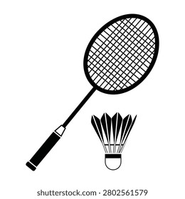 A minimalist black and white icon set featuring a professional badminton racket and a traditional shuttlecock. Perfect for sports equipment design and fitness apps.