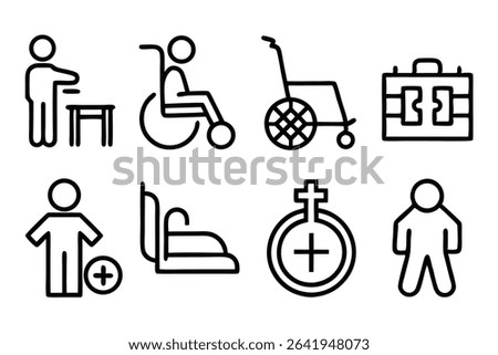 Minimalist black and white icon set featuring medical equipment and healthcare symbols for various applications