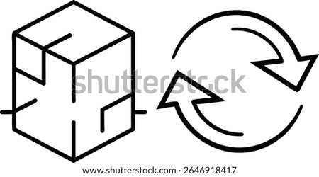 A minimalist black and white icon set featuring a cube outline and a circular arrow refresh symbol, representing concepts like data, technology, and cycles.