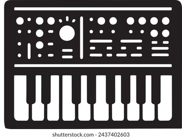 A minimalist black and white icon showcasing a synthesizer keyboard. The design highlights the various controls and keys, indicative of musical production and electronic music composition.