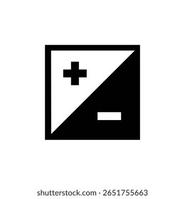 Minimalist black and white icon showing a square divided diagonally, featuring a plus sign in the white half and a minus sign in the black half. Ideal for science, electronics, or contrast design them