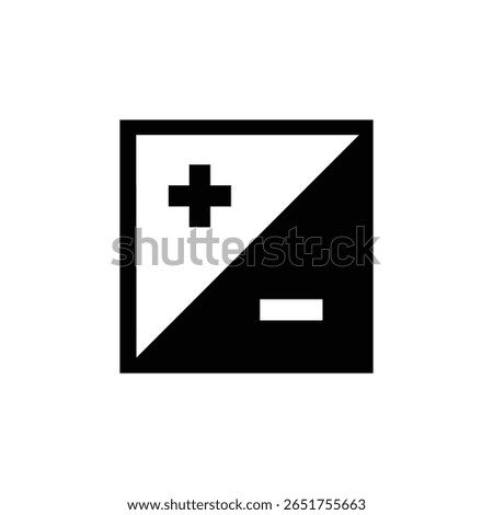 Minimalist black and white icon showing a square divided diagonally, featuring a plus sign in the white half and a minus sign in the black half. Ideal for science, electronics, or contrast design them