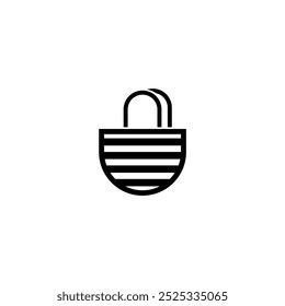 Minimalist black and white icon of a striped beach bag with handles.