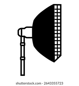 Minimalist black and white icon of a studio softbox light with grid, commonly used in photography and videography setups.