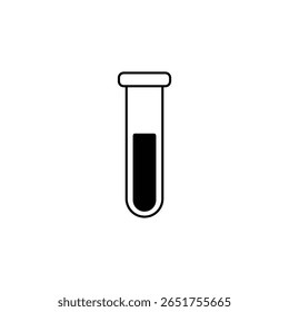 Ícone minimalista a preto e branco de um tubo de ensaio cheio de líquido. Ideal para uso em projetos científicos, médicos ou educacionais relacionados a química, experimentos ou trabalho de laboratório.