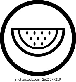 Minimalist black and white icon of a watermelon slice with a circular border.