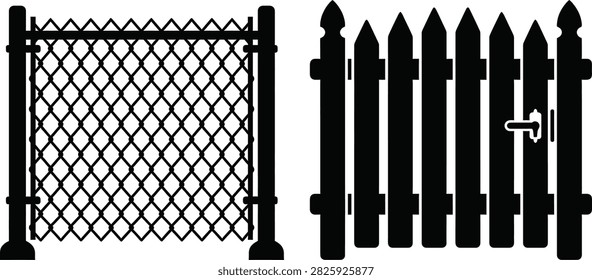 Minimalist black and white icons featuring a chain link fence and a wooden picket gate isolated on a clean white background