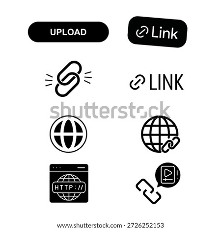 Minimalist black and white icons featuring global internet symbols, link chains, and file upload actions. Versatile for web development, cloud storage, and connectivity graphics.