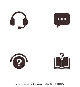 Minimalist black and white icons representing audio, conversation, inquiry, and education concepts