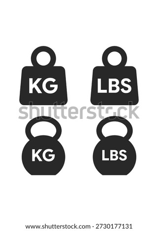 Minimalist black and white icons representing kilogram and pound units in both kettlebell and classic weight shapes.