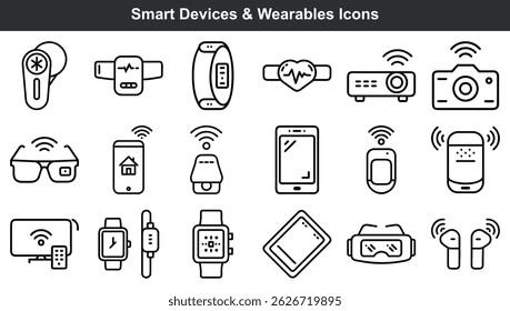 Minimalist black and white icons of smart devices and wearable technology