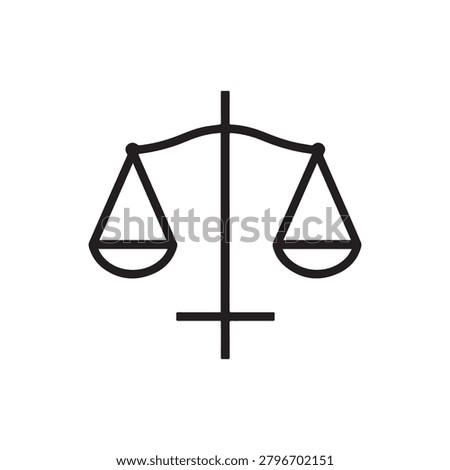 A minimalist black and white illustration of a balanced scale icon, featuring two symmetrical pans connected by a horizontal beam and supported by a vertical rod with a crossbar base. The design is cl.