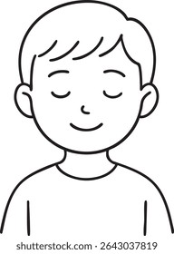 A minimalist black and white illustration of a boy with closed eyes and a small smile, wearing a t-shirt.